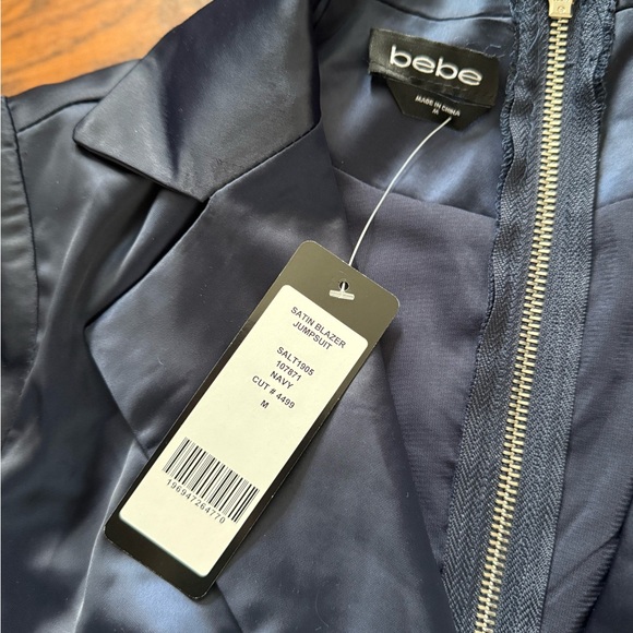 bebe Satin Blazer Jumpsuit Blue Tie Waist V Neck Business Spring | Medium - Picture 9 of 10